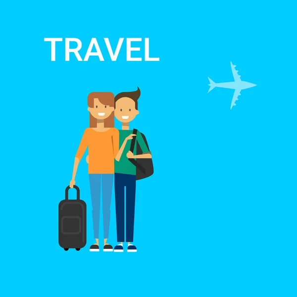 Pareja de turistas con bolsas de viaje en el aire feliz sonriente viajero hombre y mujer sobre fondo azul con avión — Vector de stock