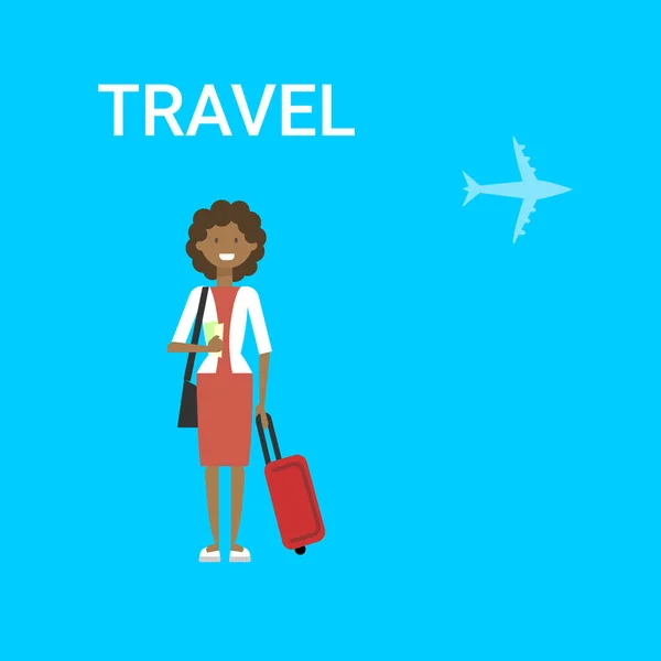 Mujer Viajero Con Bolsa Joven Afro-Americano Femenino Viajes En Aire Azul Fondo Con Avión — Vector de stock