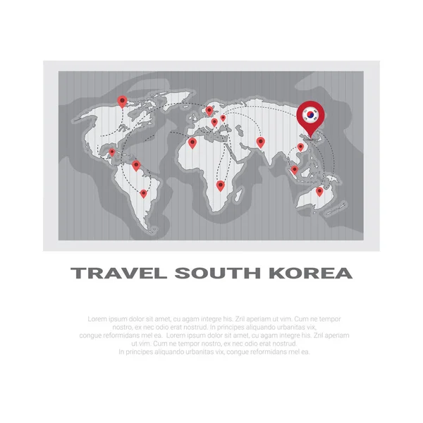 Travel To South Korea Poster World Map Background Tourism Poster With Copy Space — Stock Vector