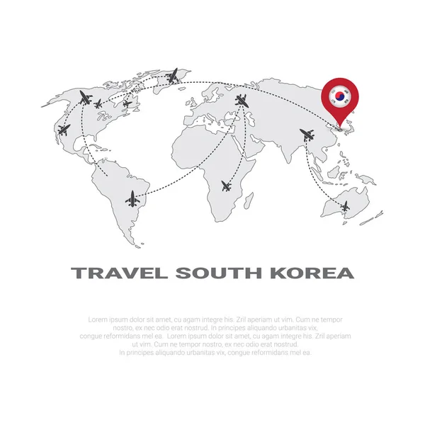 Travel To South Korea Poster World Map Background Tourism Destination Concept Poster With Copy Space — Stock Vector