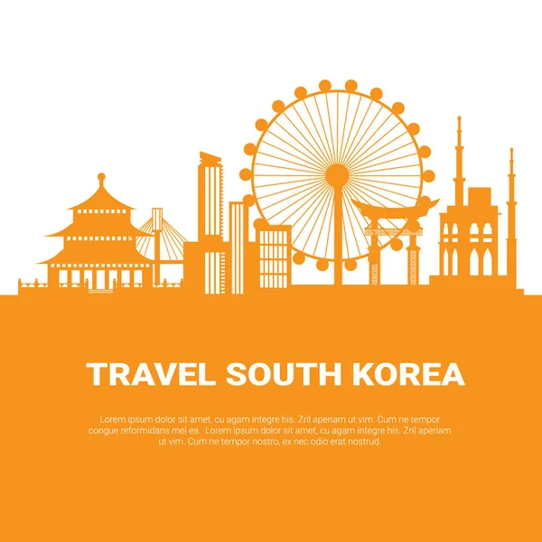 Seúl City silueta rascacielos coreanos y lugares de interés famosos en el fondo blanco con el espacio de copia de viaje a Corea del Sur Poster — Vector de stock