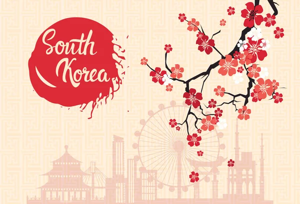 Silhueta de marcos da Coreia do Sul decorada com Sakura Blossom Retro Seoul Poster —  Vetores de Stock