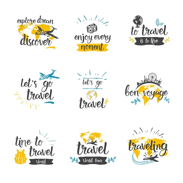 Travel Quotes Icon Set Hand Drawn Lettering Tourism And Adventure Concept — Stock Vector