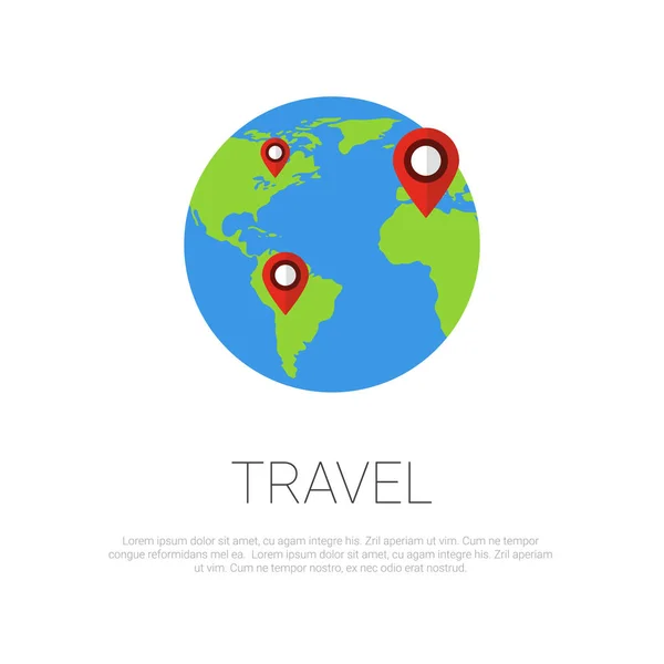Viajar alrededor del mundo Mapa de punteros en la Tierra Globo sobre plantilla Fondo blanco — Vector de stock