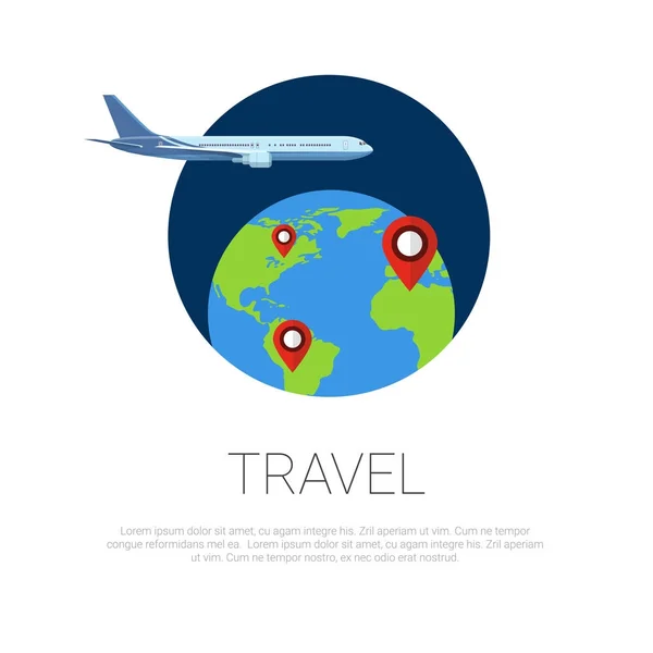 Volar alrededor del plano mundial y los indicadores de mapas en la Tierra Globo sobre la plantilla White Background Travel Concept — Vector de stock