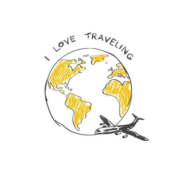 I Love Logo Trabeling szkic lecącego samolotu całym świecie świata na białym tle — Wektor stockowy