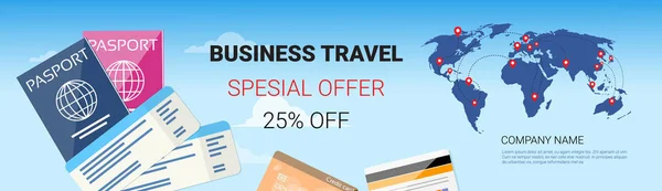 Business Travel Special Offer Template Horizontal Banner, Tourism Agency Seasonal Sale Poster Design — Stock Vector