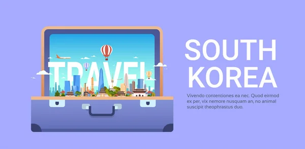 Travel To South Korea Poster With Seoul City Landscape In Suitcase Skyline View With Skyscrapers And Famous Landmarks — Stock Vector