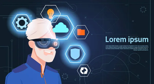 Realidade virtual conceito retrato de homem sênior vestindo óculos Vr óculos óculos digitais — Vetor de Stock