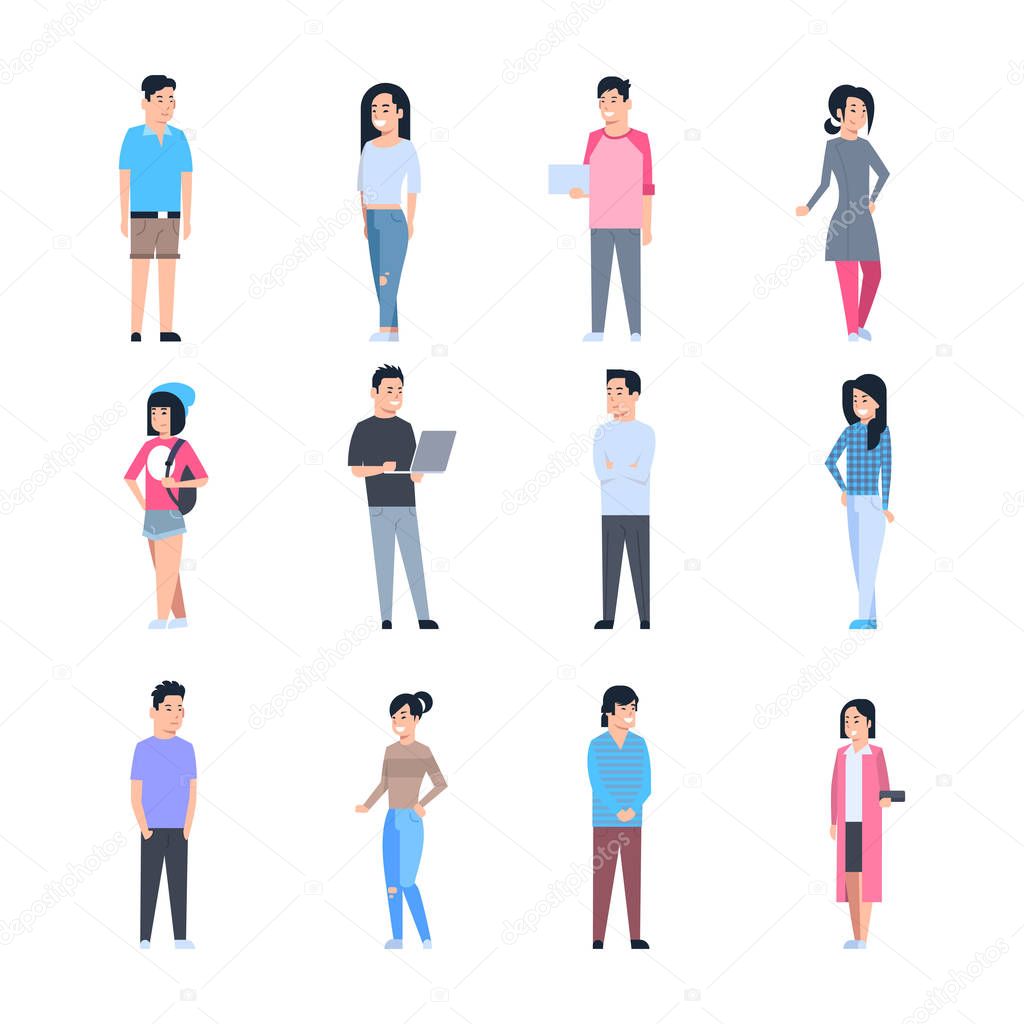 Young Asian Men And Women Icons Set Chinese Or Japanese Male And Female People Wearing Casual Clothes Full Length Isolated