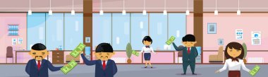 Asya iş insanlar Modern Office banknotlar maaş ya da finansal başarı kar kavramı yatay başlığında Doları Holding grubu