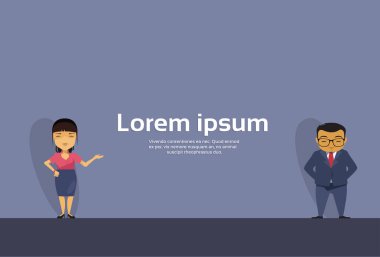 Çizgi film Asya iş adamı ve kadın el hareketi sunulması veya gösterilen alanı kopyalamak için