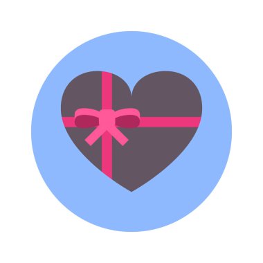 Kalp şekli simgesi izole mavi yuvarlak zemin üzerine hediye kutusunda