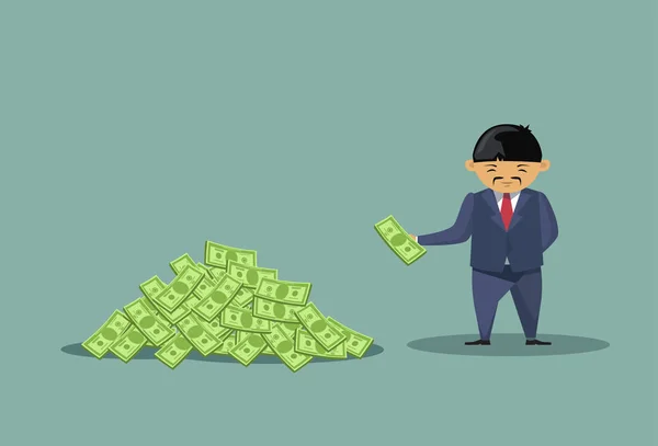Asian Business Man Throwing Dollars In Big Heap Rich Cartoon Chinese Business Man Financial Success Concept — Stock Vector