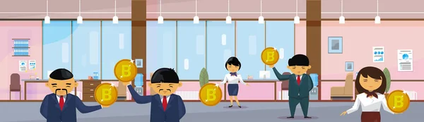 Asian Business People Group Holding Bitcoins Coins Financial Success Cryptocurrency Mining Concept Horizontal Banner