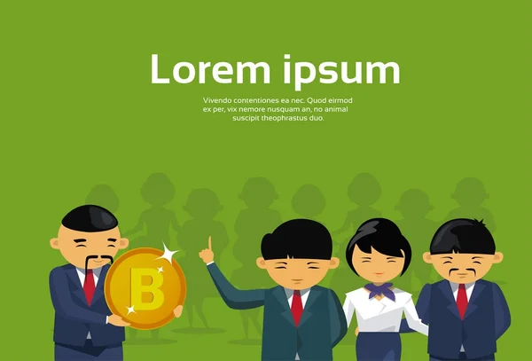 Ásia homem de negócios dando Bitcoin para empresários equipe de sucesso financeiro criptomoeda mineração conceito —  Vetores de Stock