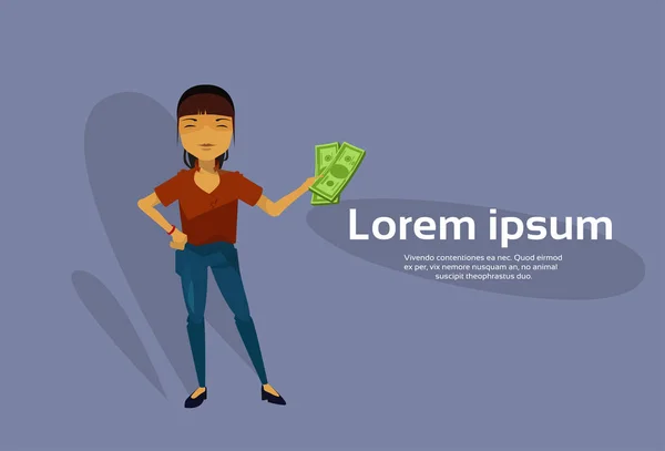 Ασιατικές γυναίκα κρατώντας Δολάριο μετρητά χρήματα οικονομική επιτυχία έννοια — Διανυσματικό Αρχείο