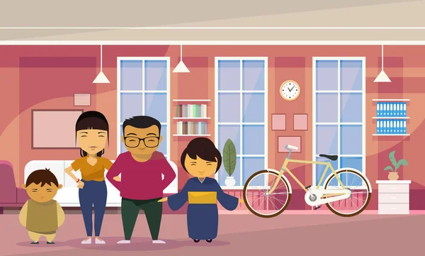 Азиатские семейные родители с двумя детьми на домашнем фоне гостиной — стоковый вектор