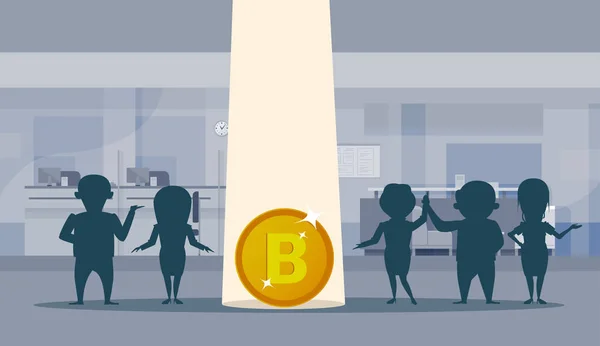 Bitcoin Sign Over Silhouette Business People Group Escritório Interior Fundo Criptografia Moeda Tecnologia Conceito —  Vetores de Stock