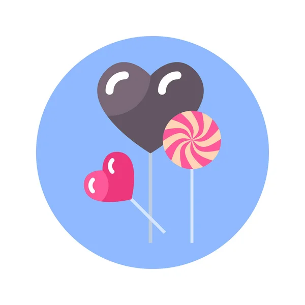 Lutscher Bonbons in Herzform Symbol auf blauem, rundem Hintergrund isoliert — Stockvektor
