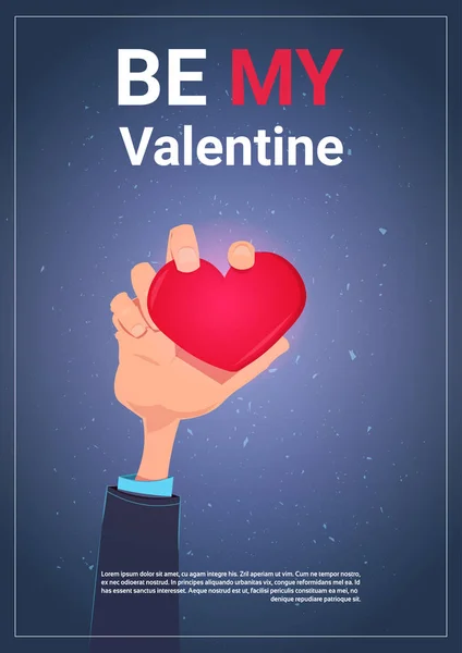 Sea mi tarjeta de felicitación de San Valentín con la mano que sostiene el fondo de la plantilla del corazón con el espacio de copia — Vector de stock