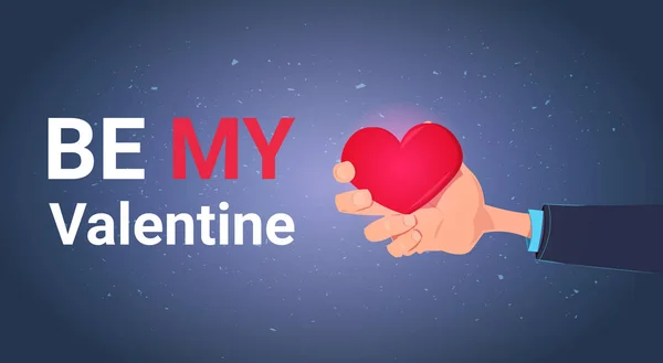 Bli min Valentine gratulationskort med handen håller rött hjärta Love Holiday koncept — Stock vektor