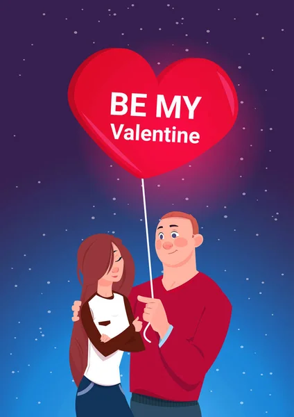 Lindo pareja celebración corazón aire globo con ser mi San Valentín texto amor vacaciones concepto — Vector de stock