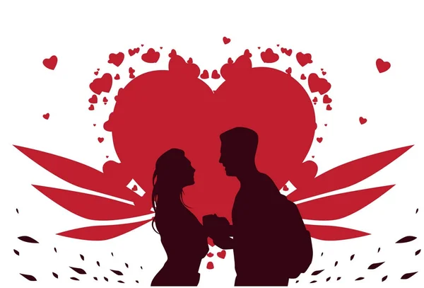 Valentine Day Template Greeting Card, Silhouette Couple Holding Hands Over Heart Shape Background — Stock Vector