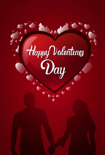 Feliz Dia dos Namorados Cartão Design forma do coração e duas silhuetas segurando as mãos — Vetor de Stock