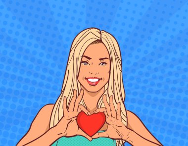 Güzel kız kırmızı kalp şekli Sevgililer günü tebrik kartı komik Pop sanat arka plan üzerinde gülümseyen mutlu Holding