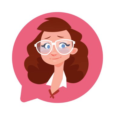 Simge gözlük Avatar çizgi film karakter portre giyen sohbet kabarcık izole, beyaz kadın kadın kafasından profil