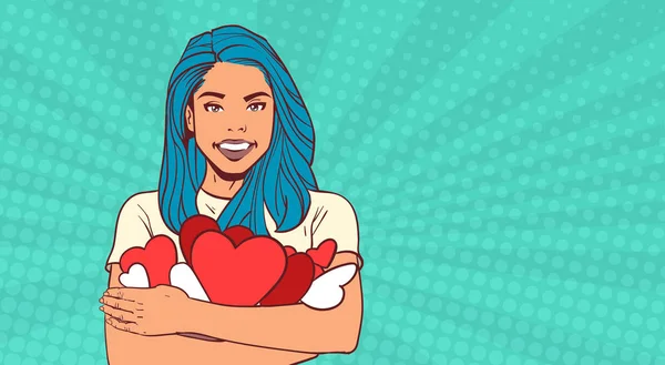 Niedliches Mädchen mit vielen Herzen Liebe Symbole glücklich lächelnd über Comic Pop Art Hintergrund Valentinstag Konzept — Stockvektor