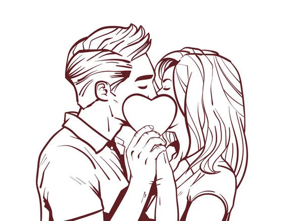 Sketch Beautiful Couple Kiss Holding Heart Shape In Hands Over White Background — Stock Vector