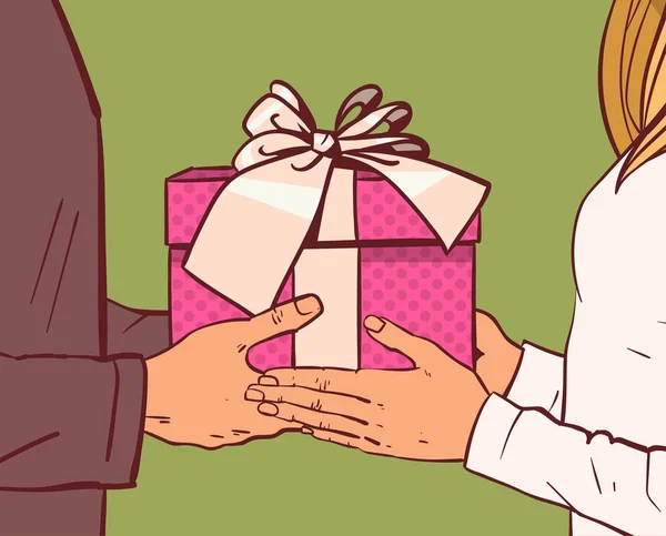 Homme donnant cadeau ou boîte cadeau à la femme mains gros plan — Image vectorielle