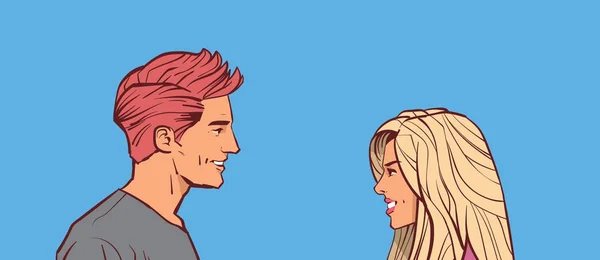 Schöner Mann und Frau sehen einander an Paar Gesichter vor blauem Hintergrund isoliert — Stockvektor
