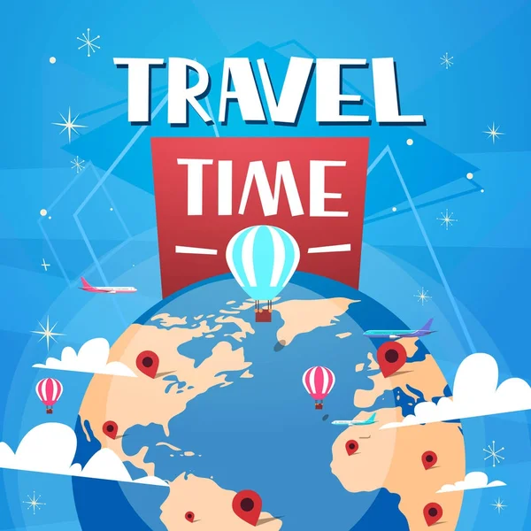 Time To Travel Poster With Air Balloons Over Worlds Globe On Blue Background Retro Tourism Banner — Stock Vector