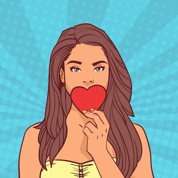 Vacker flicka stänga munnen med rött hjärta form alla hjärtans dag konceptet Comic Pop Art bakgrund — Stock vektor