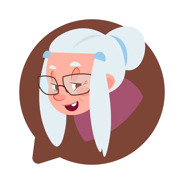 Sohbet kabarcık izole, yaşlı bir kadın Avatar çizgi film karakteri dikey simgesi üst düzey kadın kafasından profil — Stok Vektör
