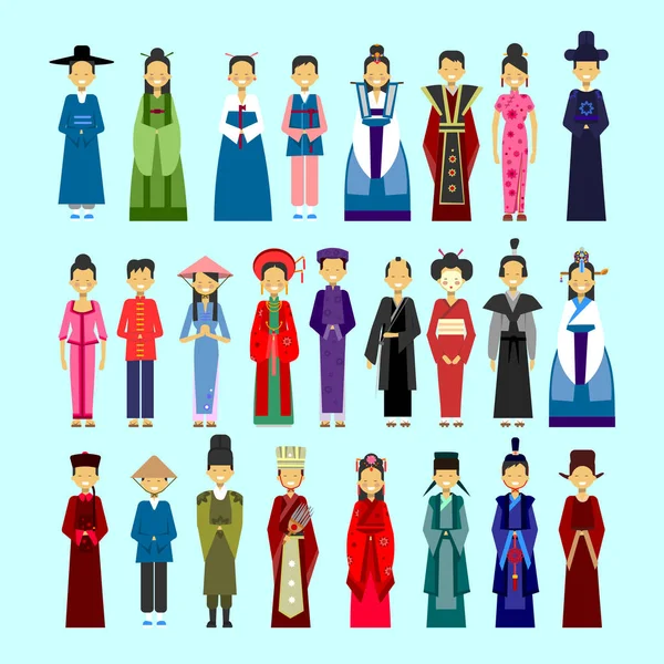 Set Of People In Traditional Asian Clothing, Male And Female National Costumes Concept - Stok Vektor