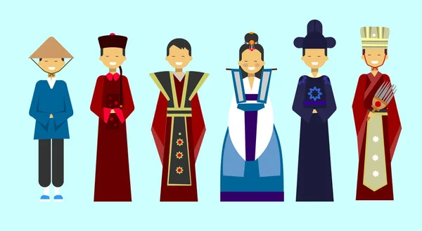 Traditionele Aziatische kleding Set mensen dragen prachtige nationale kostuums — Stockvector
