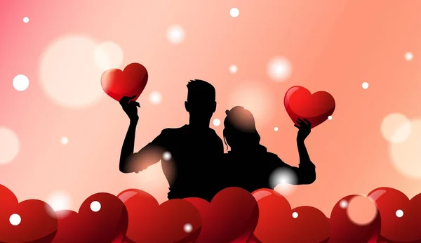 Couple de silhouette sur fond de carte de voeux Saint-Valentin avec des coeurs rouges — Image vectorielle