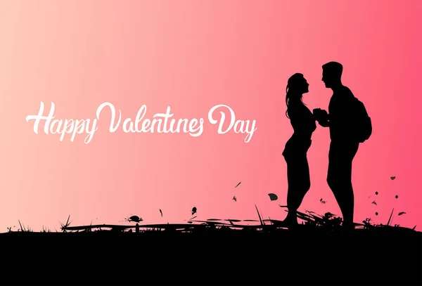 Silhouette Black Couple Holding Hands Over Pink Valentines Day Background — Stock Vector