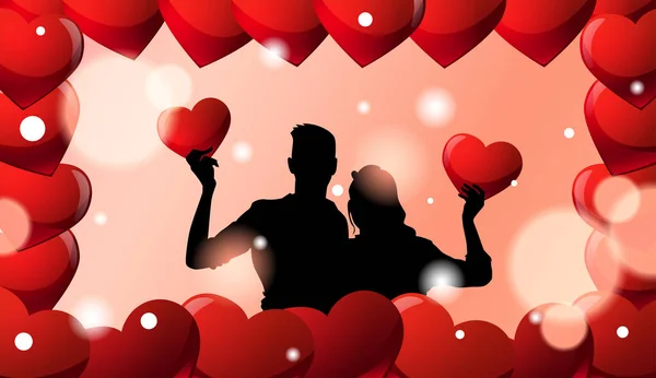 Couple de silhouette noire embrassant sur fond de Saint-Valentin dans le cadre des coeurs rouges — Image vectorielle