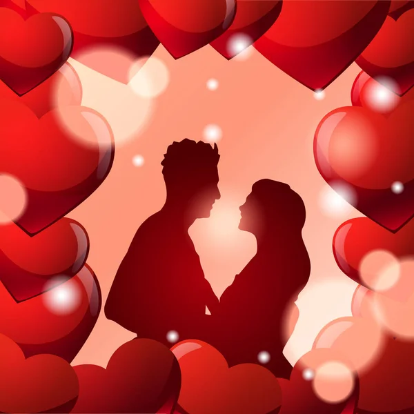 Pareja abrazando sobre hermoso día de San Valentín fondo con corazones silueta hombre y mujer en amor — Archivo Imágenes Vectoriales