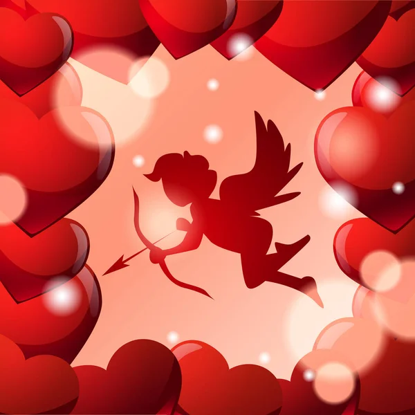 Schattig Cupid silhouet In Frame rood hart vormen Over gloeiende achtergrond — Stockvector