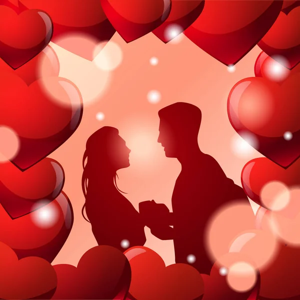 Силуэт пара держась за руки в рамке сердца формы над светящимся красным фоном — стоковый вектор