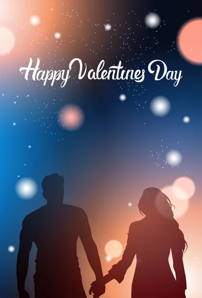 Pareja silueta sosteniendo las manos sobre el brillante fondo de Bokeh San Valentín Diseño de tarjetas de felicitación — Vector de stock