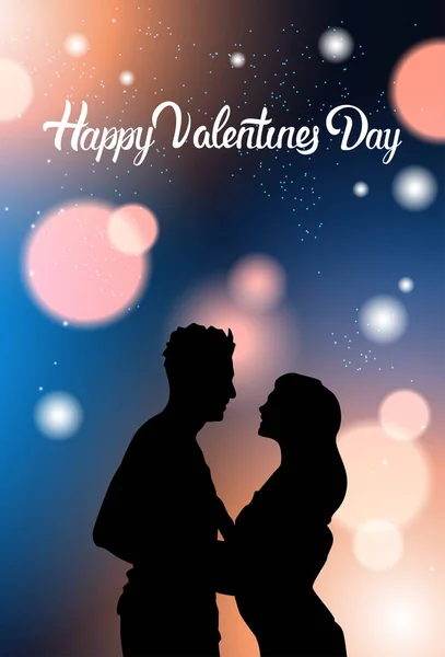 Gyönyörű pár Silhouette kézen keresztül homályos izzó háttér boldog Valentin-napot Banner — Stock Vector