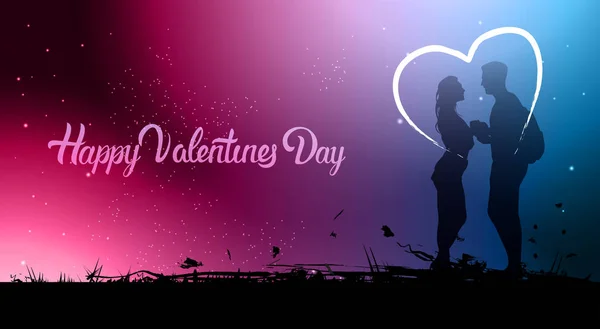 Banner hermoso día de San Valentín con silueta pareja sosteniendo las manos sobre fondo colorido borroso — Vector de stock
