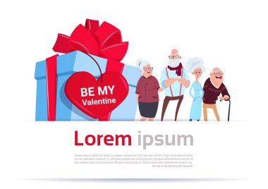 Hediye kutusu ile kalp şekli etiket mutlu Sevgililer günü kavramı şablon Banner üzerinden iki üst düzey çiftler